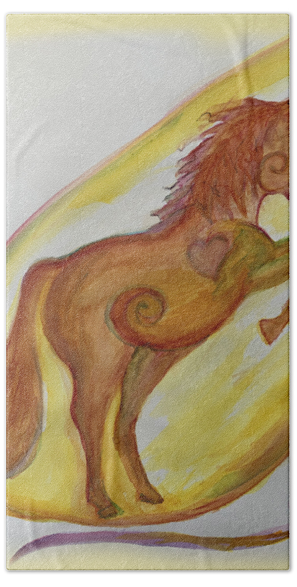 Unicorn Hand Towel featuring the painting Unicorn Rearing by Sandy Rakowitz
