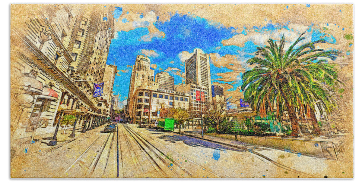 Union Square Bath Towel featuring the digital art Union Square near Powell Street in San Francisco - digital painting by Nicko Prints