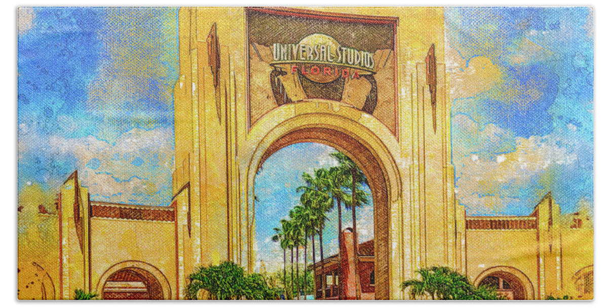 Universal Studios Florida Bath Towel featuring the digital art Universal Studios Florida entrance - digital painting by Nicko Prints