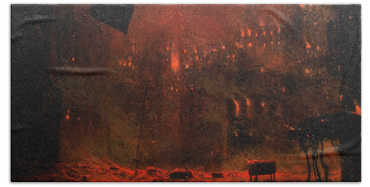 City On Fire Hand Towel featuring the painting Untitled - City On Fire by Zdzislaw Beksinski