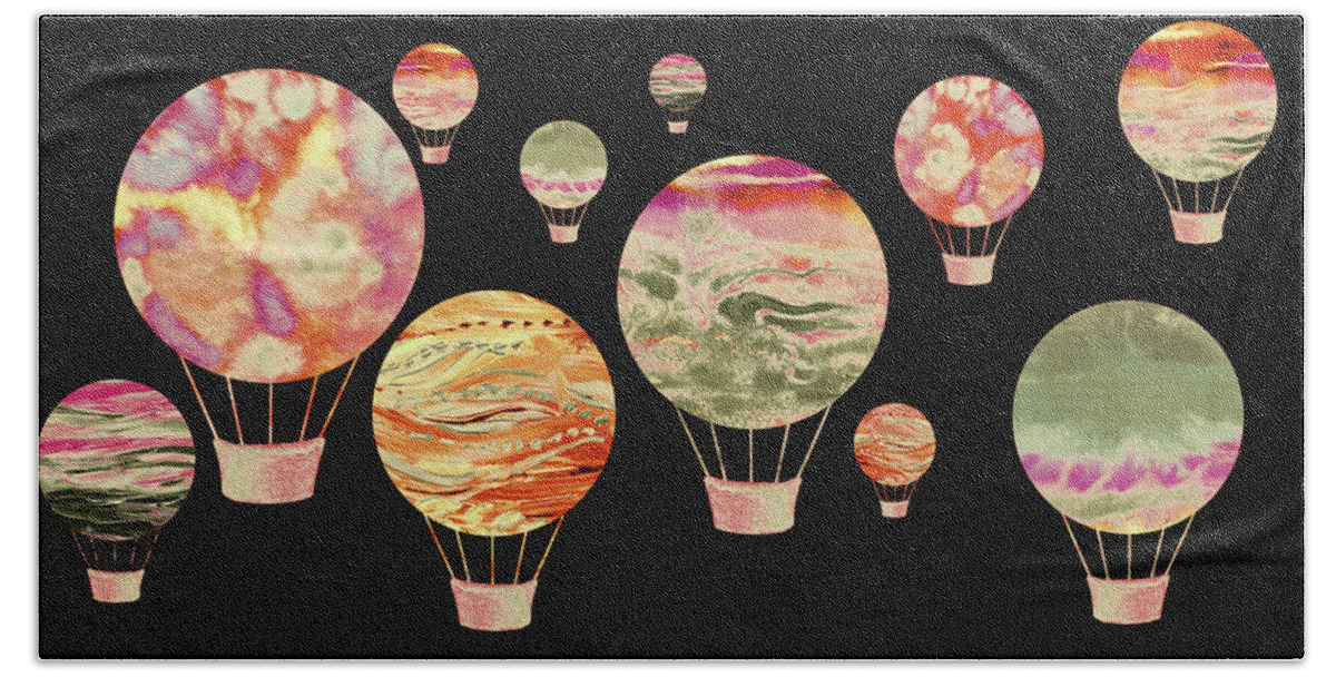 Hot Air Balloon Bath Towel featuring the painting Up In The Air Happy Hot Air Balloons At Night Watercolor III by Irina Sztukowski