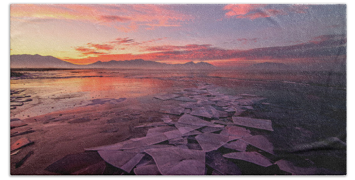 Utah Lake Hand Towel featuring the photograph Utah Lake Ice Sunrise by Wesley Aston