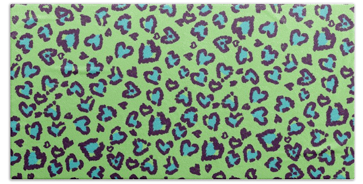 Heart Bath Towel featuring the digital art Valentine Leopard Pattern in Blue on Green by Colleen Cornelius
