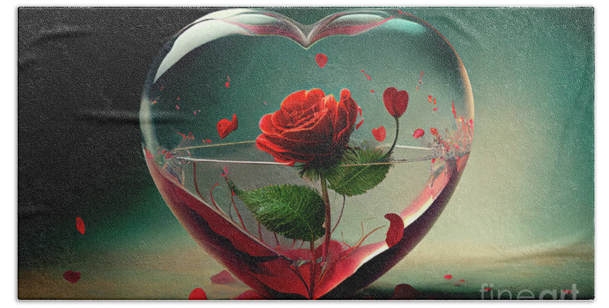 Heart Bath Towel featuring the digital art Valentine red rose in heart of glass. Valentine's day concept ar by Jelena Jovanovic