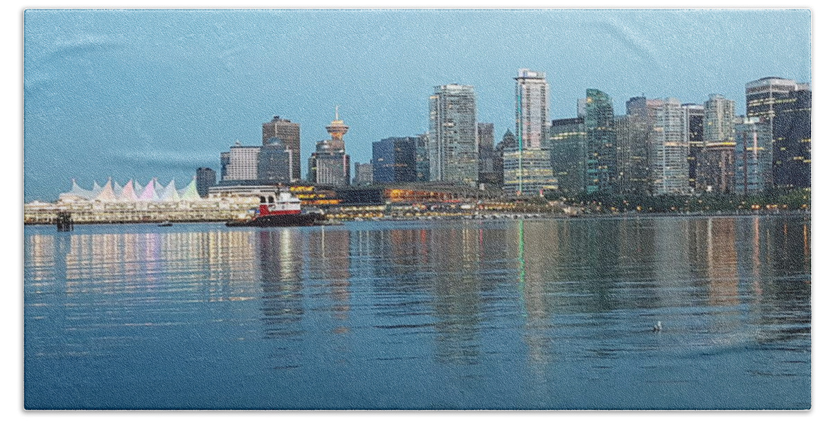 Stanley Park Hand Towel featuring the photograph Vancouver Skyline from Stanley Park Seawall by James Cousineau
