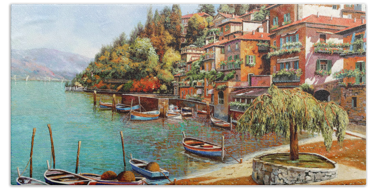 Lake Como Hand Towel featuring the painting Varenna on lake Como by Guido Borelli