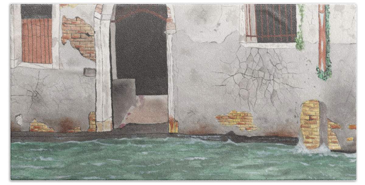 Venice Bath Towel featuring the painting Venice Liquid Street by Bob Labno