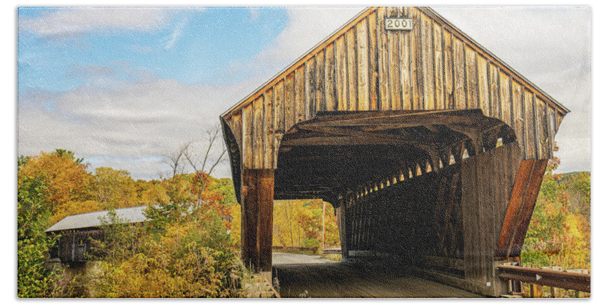 Bridge Bath Towel featuring the photograph Vermont Autumn at Willard Twin Covered Bridges 3 by Ron Long Ltd Photography