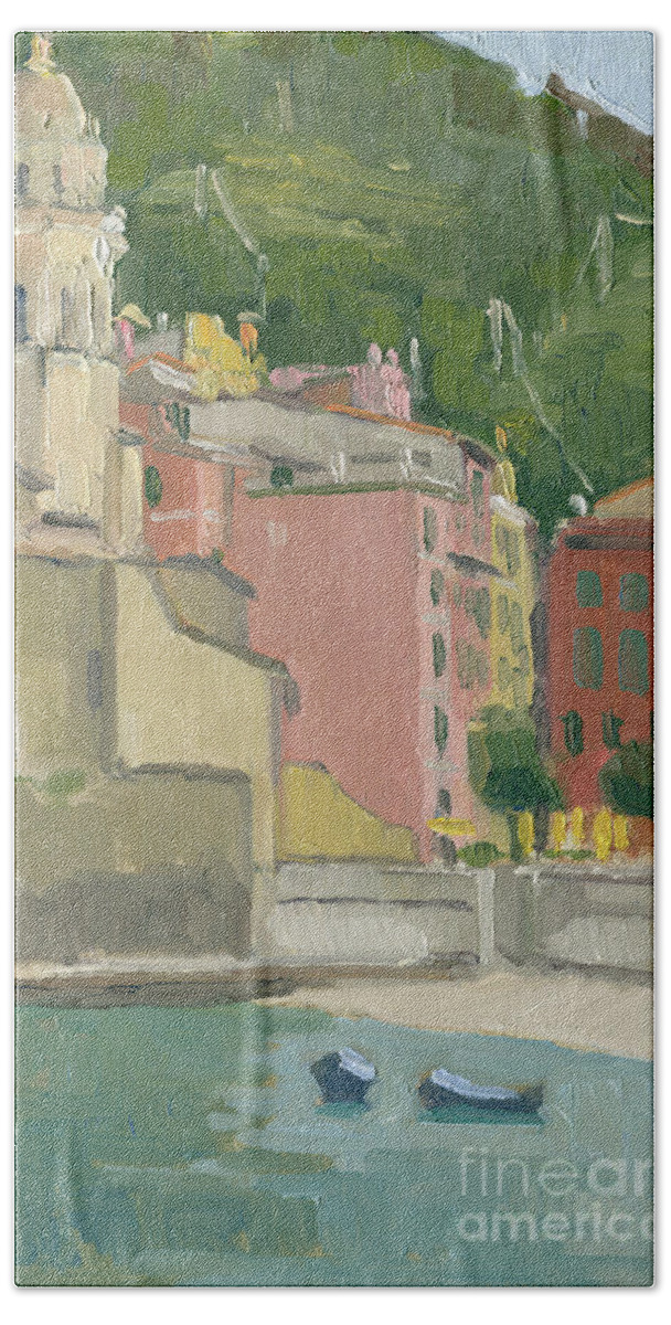 Vernazza Hand Towel featuring the painting Vernazza Harbor, Italy by Paul Strahm