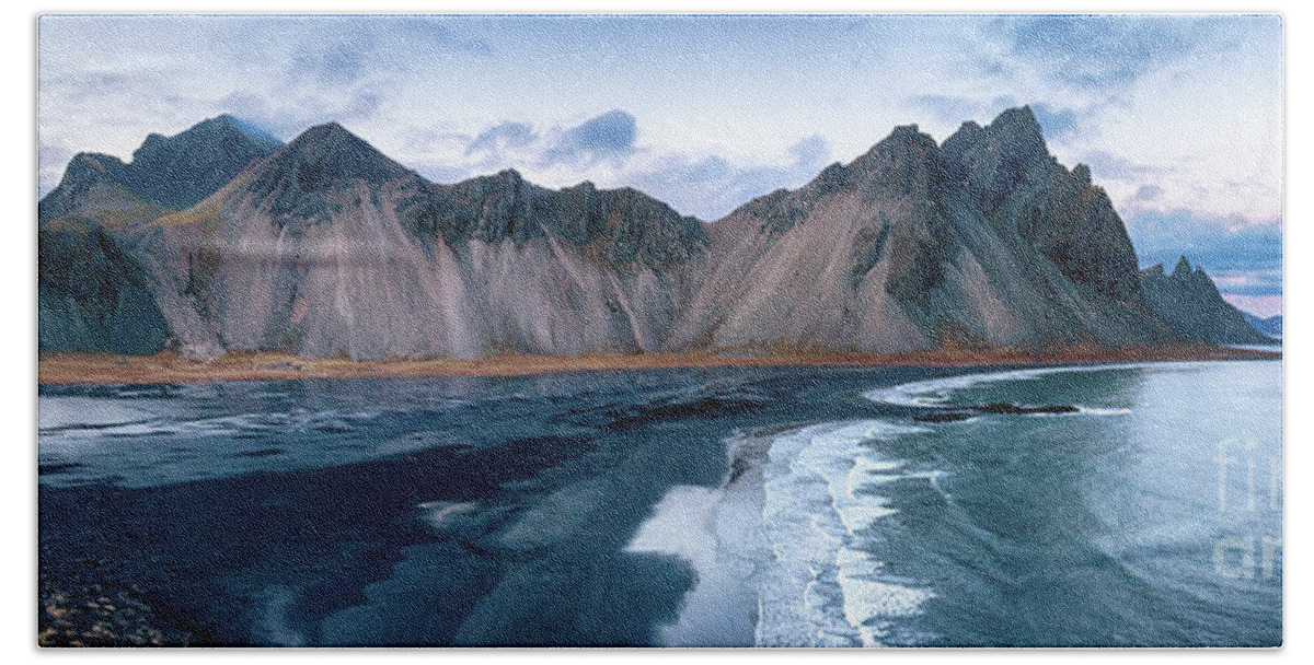 Vestrahorn Bath Towel featuring the photograph Vestrahorn mountain panorama. High angle drone shot. by Jane Rix