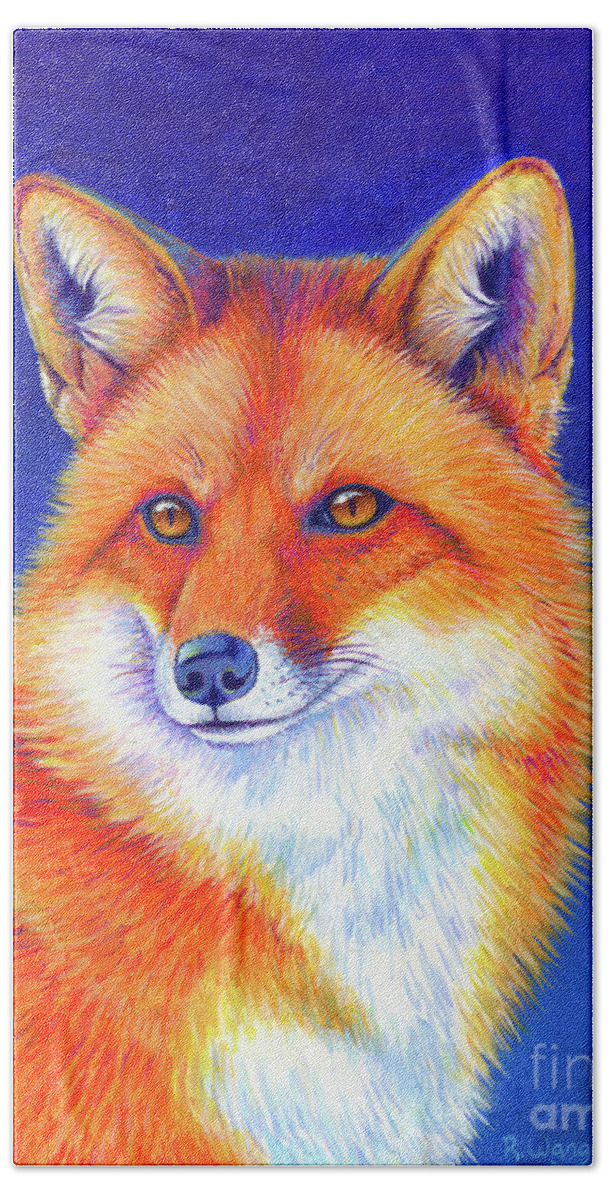 Red Fox Hand Towel featuring the painting Vibrant Flame - Colorful Red Fox by Rebecca Wang