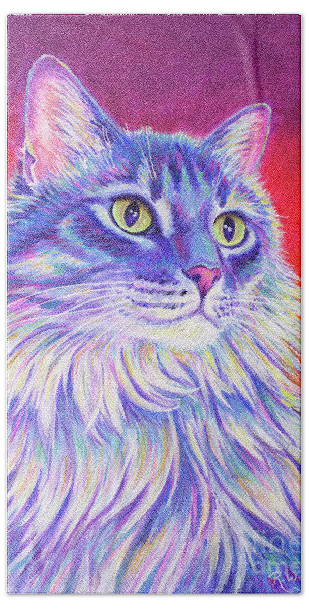 Cat Bath Towel featuring the painting Vibrant Longhaired Gray Tabby Cat by Rebecca Wang
