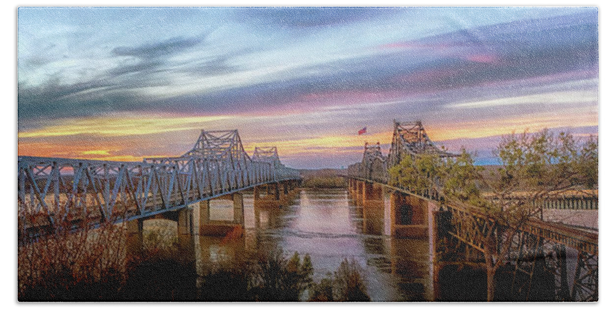 Sunset Hand Towel featuring the photograph Vicksburg Bridges Sunset Panorama by Susan Rissi Tregoning