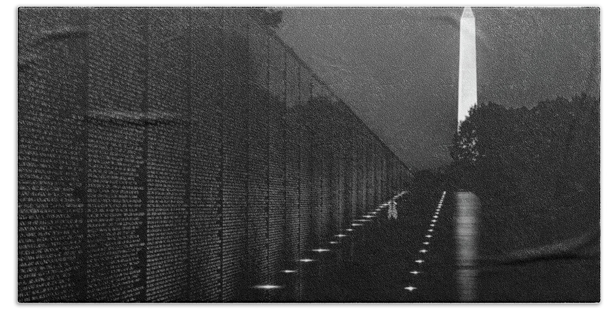 Washington Dc Hand Towel featuring the photograph Vietnam Veterans Memorial at Night in Black and White by Elvira Peretsman