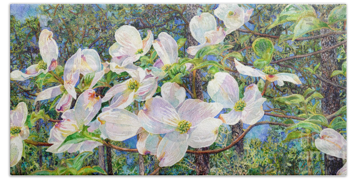 Texas Park Hand Towel featuring the painting View Beyond Dogwood-Flowering dogwood by Hailey E Herrera