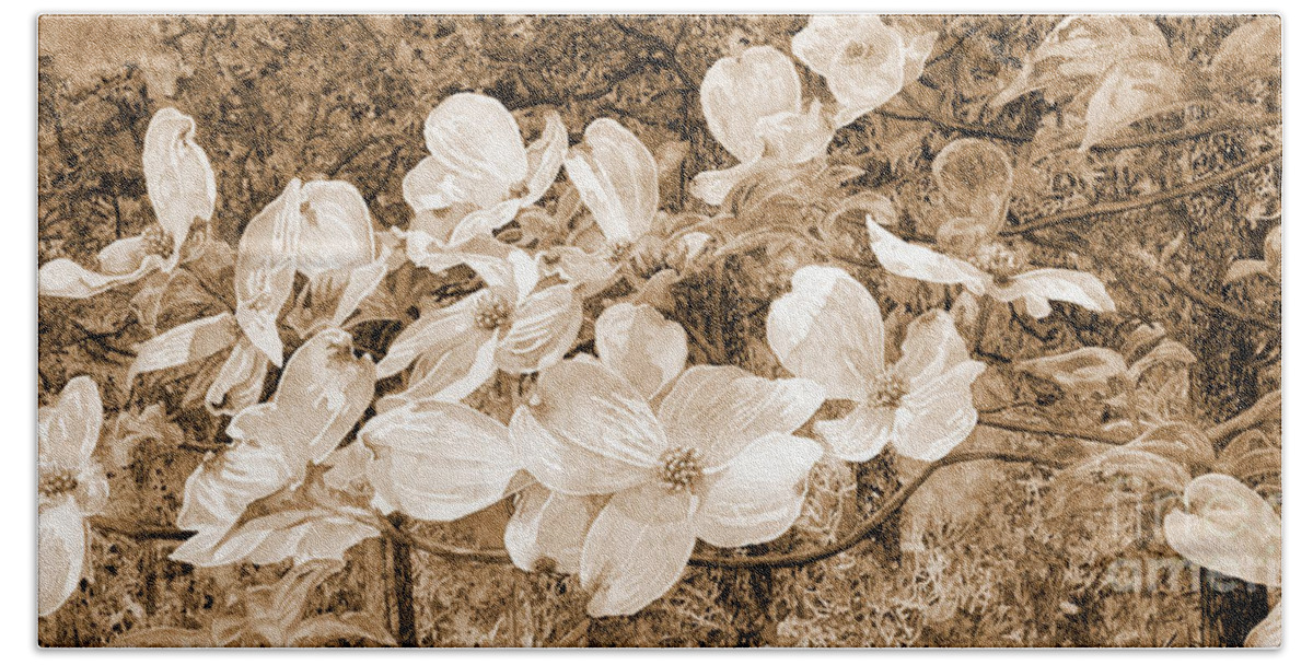 Texas Park Bath Sheet featuring the painting View Beyond Dogwood-flowering dogwood sepia tone by Hailey E Herrera
