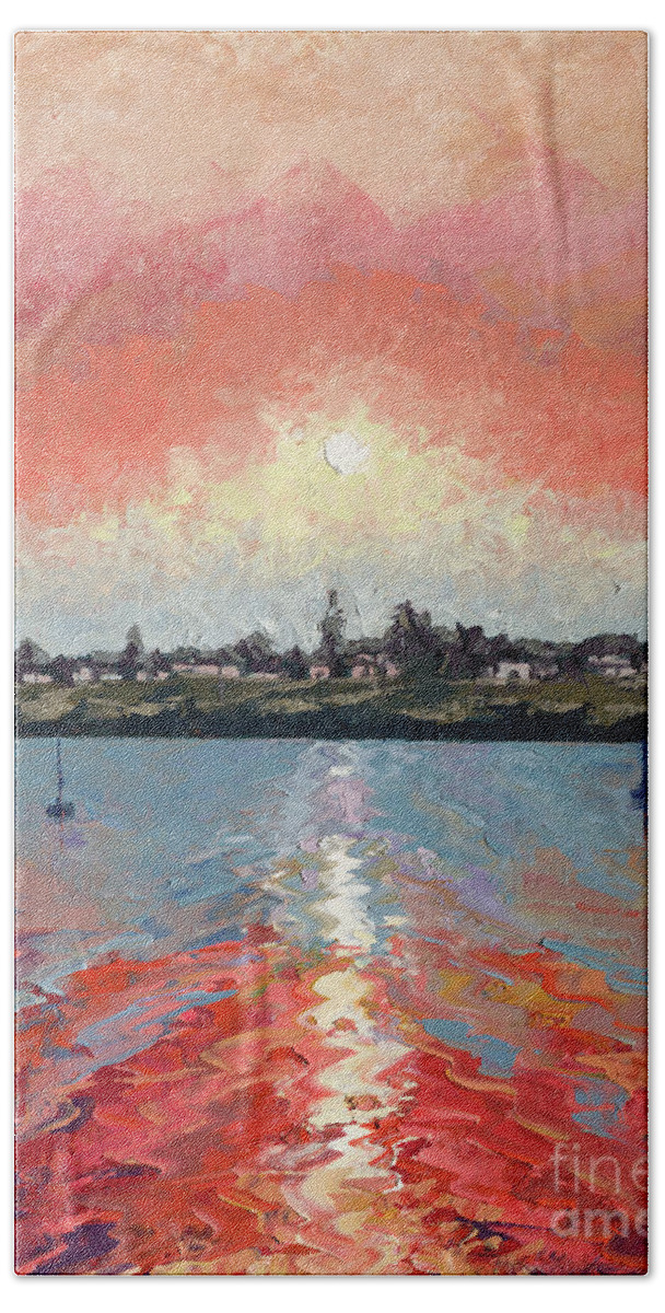 Seascape Hand Towel featuring the painting View from Stagnaro's, Santa Cruz Wharf by PJ Kirk
