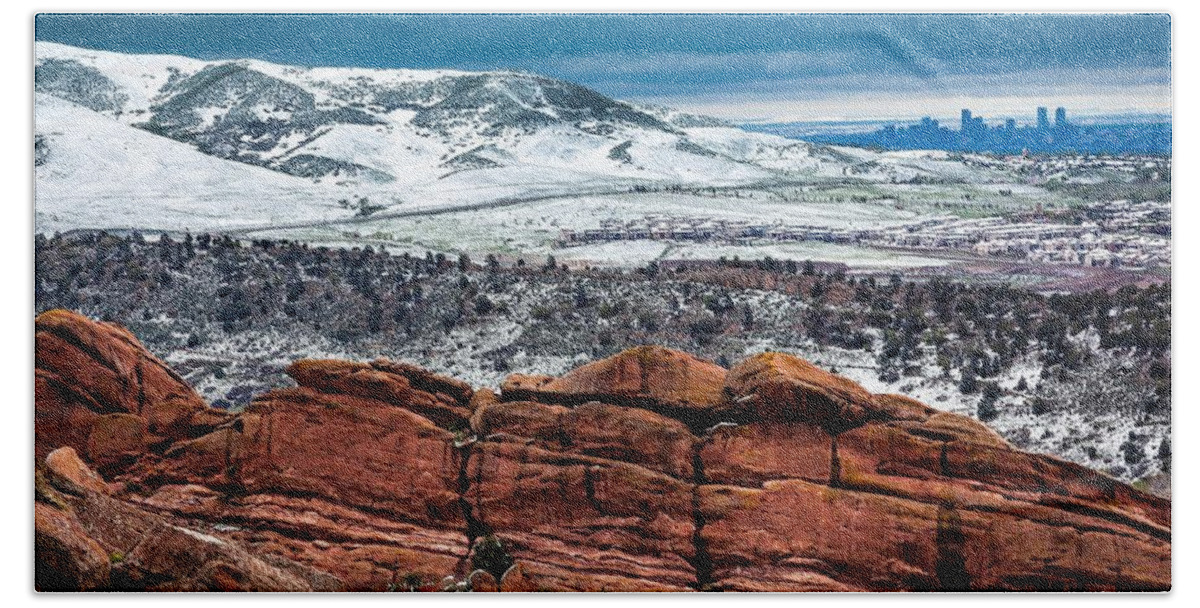 Red Hand Towel featuring the photograph View of Denver from Red Rocks Amphitheatre in Morrison, Colorado by Jeanette Fellows