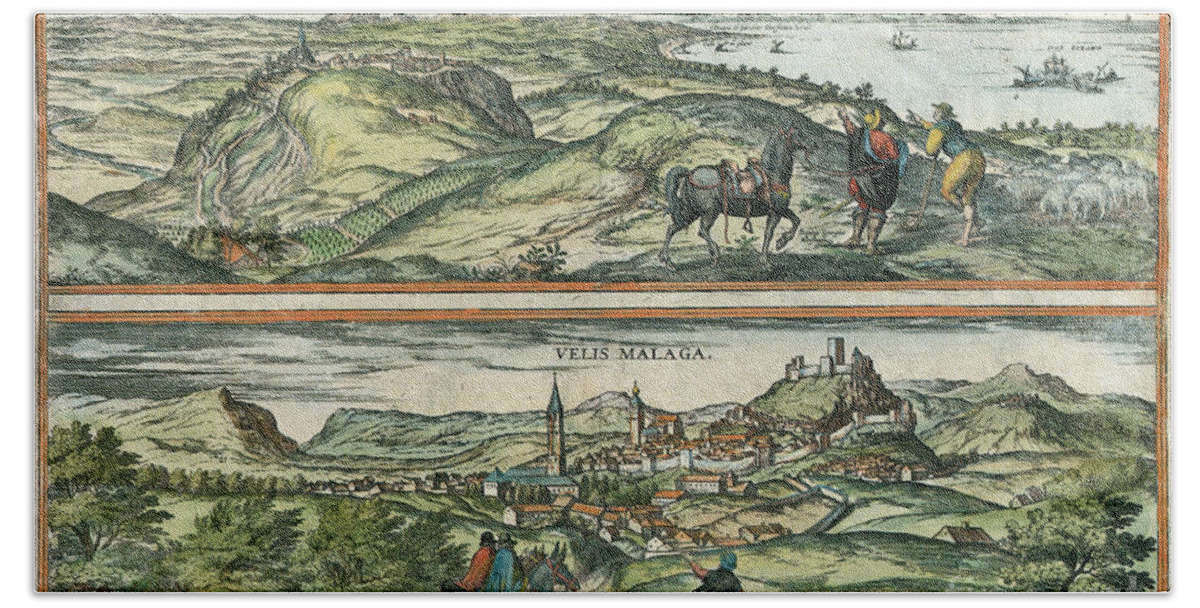 1575 Bath Towel featuring the drawing View Of Vejer De La Frontera And Velez Malaga, Spain, 1575 by Georg Braun and Franz Hogenberg