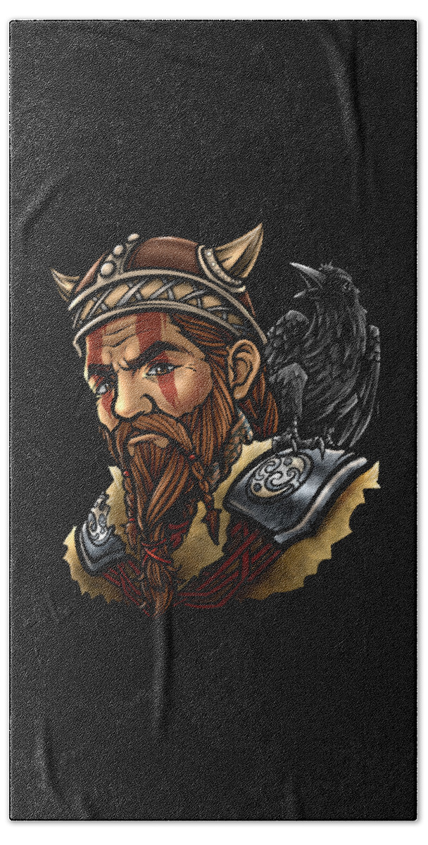 Valhalla Bath Towel featuring the digital art Viking Warrior Raven Odin Walhalla Valknut Loki by Mister Tee