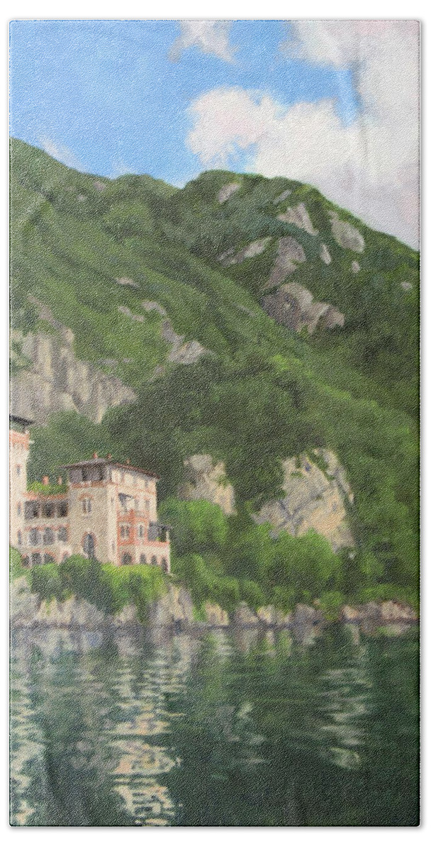 Lake Como Bath Towel featuring the painting Villa on Lake Como by Sharon Weaver