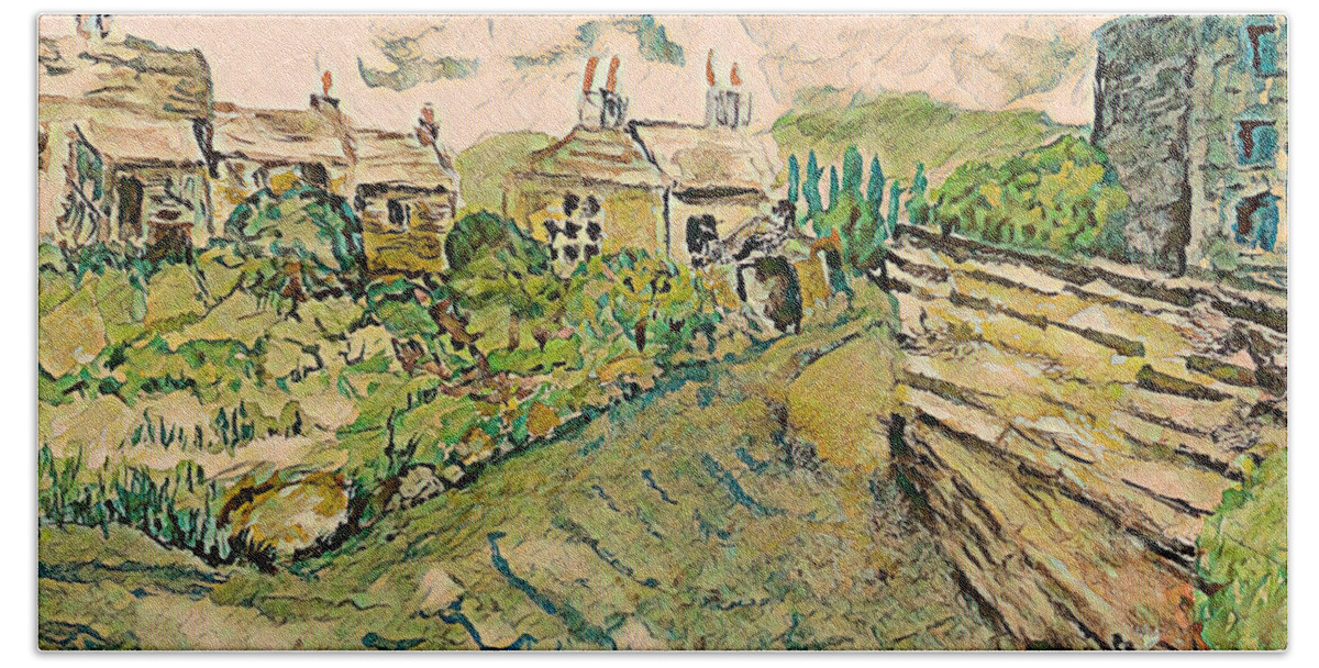 Village Hand Towel featuring the painting Village by the river by Shelley Bain