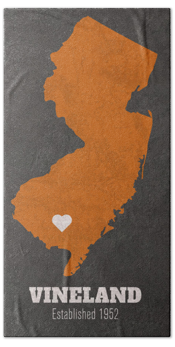 Vineland Hand Towel featuring the mixed media Vineland New Jersey City Map Founded 1952 Princeton University Color Palette by Design Turnpike