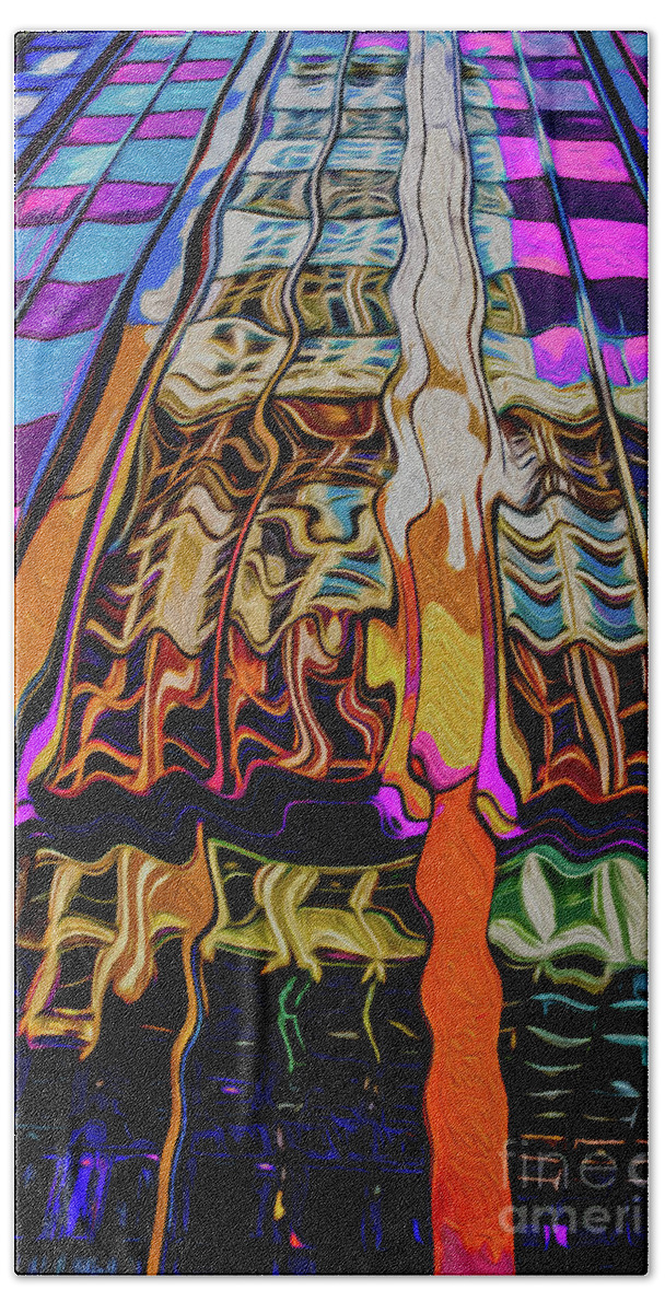 Contemporary Bath Towel featuring the digital art Vintage 1920s ornate skyscraper reflected in modern glass and st by Susan Vineyard