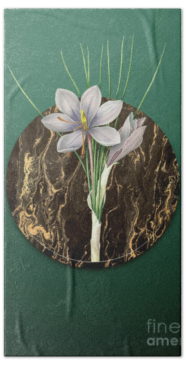 Vintage Bath Towel featuring the painting Vintage Autumn Crocus Art in Gilded Marble on Dark Spring Green by Holy Rock Design