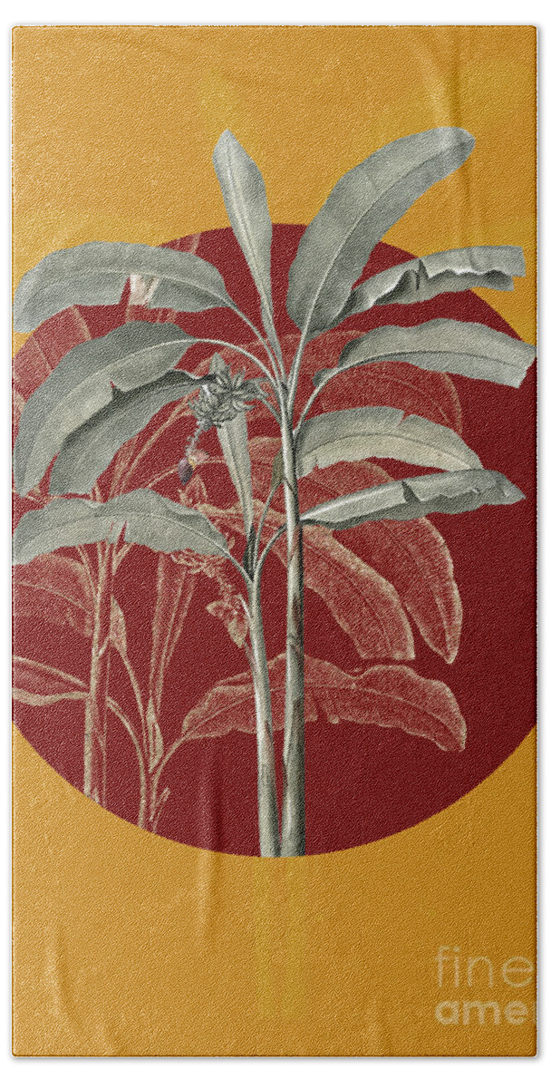 Vintage Bath Towel featuring the painting Vintage Botanical Banana Tree on Circle Red on Yellow by Holy Rock Design