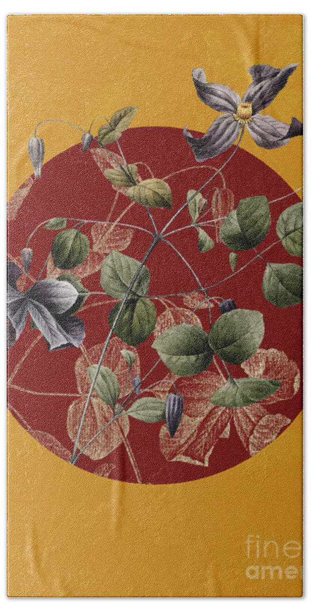 Vintage Bath Towel featuring the painting Vintage Botanical Virgins Bower on Circle Red on Yellow by Holy Rock Design