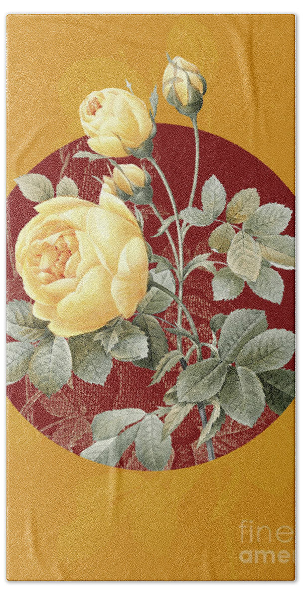 Vintage Bath Towel featuring the painting Vintage Botanical Yellow Rose on Circle Red on Yellow by Holy Rock Design