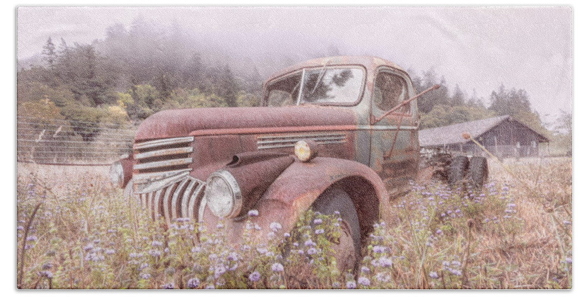 1941 Bath Towel featuring the photograph Vintage Chevy PIckup Truck in the Mountain Wildflowers Shabby Ch by Debra and Dave Vanderlaan
