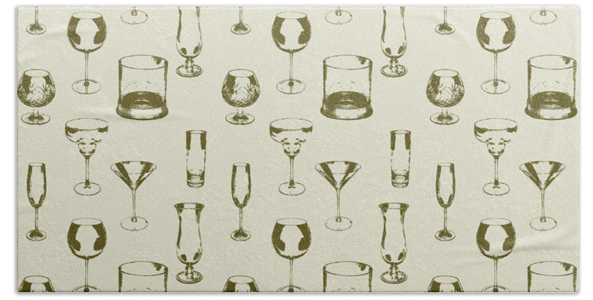 Seamless; Repeating; Pattern; Design; Illustration; Illustrated; Drawn; Drawing; Sketch; Sketched; Chalk; Outline; Shape; Mixed; Various; Variety; Glass; Glasses; Glassware; Barware; Bar; Liquor; Booze; Tequila; Whisky; Whiskey; Brandy; Cognac; Wine; Champagne; Vintage; Antique; Hue; Tone; Brown; Beige; Tan; Flute; Hi Ball; Tall; Margarita; Martini Bath Towel featuring the photograph Vintage Cocktail glasses by Karen Foley