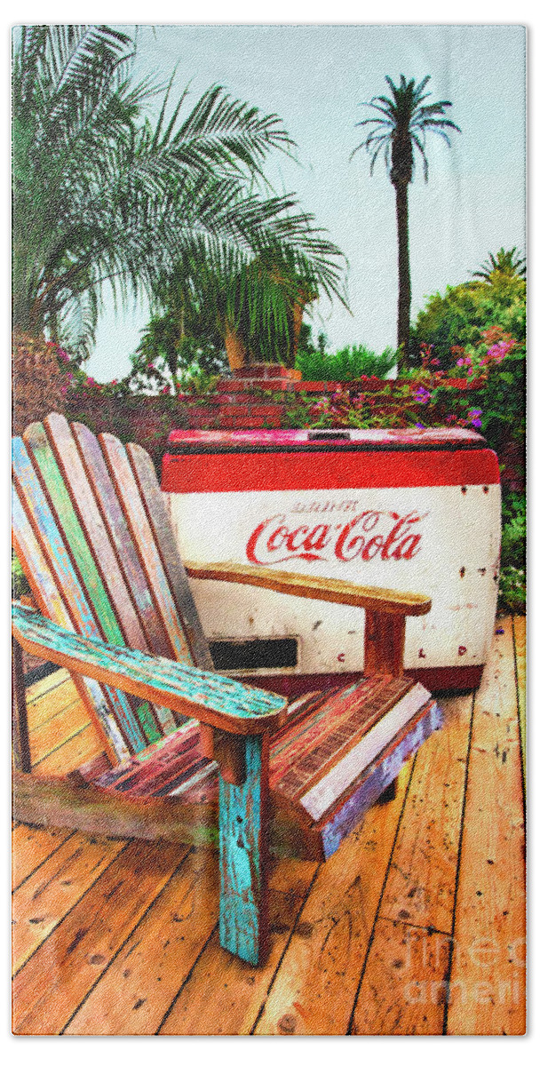 Coke Machine Adirondack Chair Bath Towel featuring the photograph Vintage Coke Machine With Adirondack Chair by Jerry Cowart
