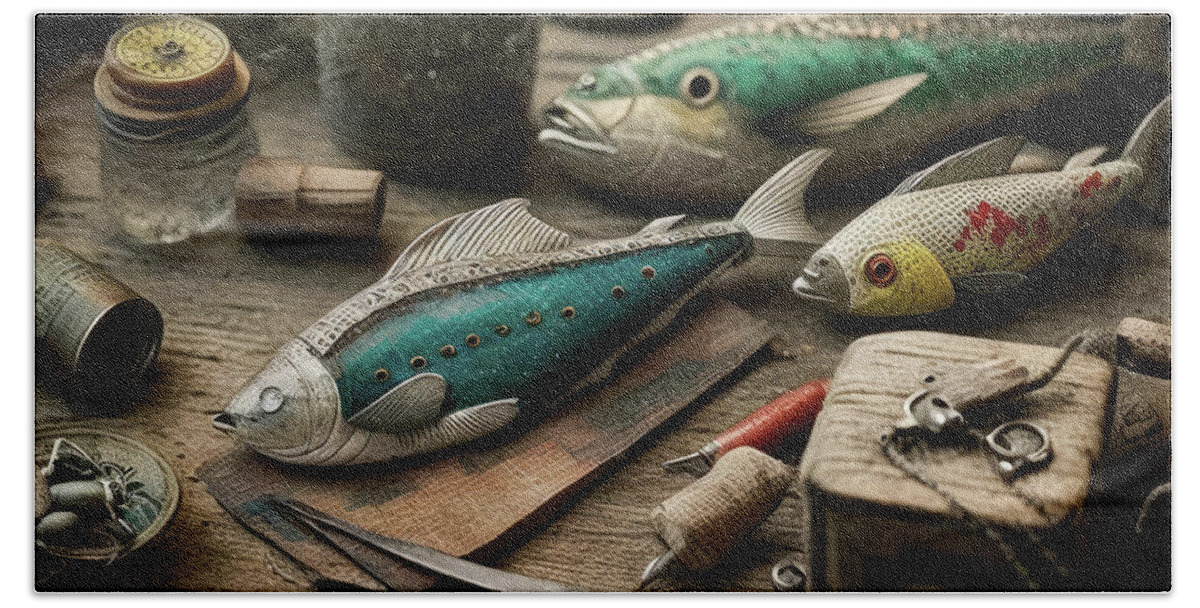 Vintage Fishing lures on Work Bench Bath Towel by Cindy Shebley - Pixels
