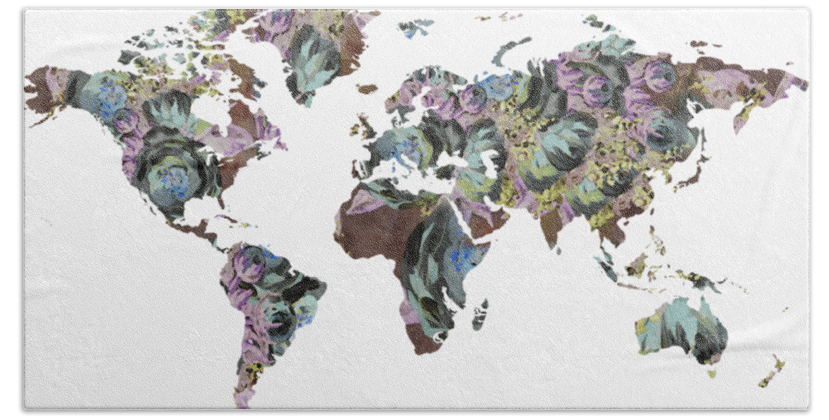 World Hand Towel featuring the painting Vintage Floral Strokes World Map Watercolor Silhouette Colorful PNG Design by Irina Sztukowski