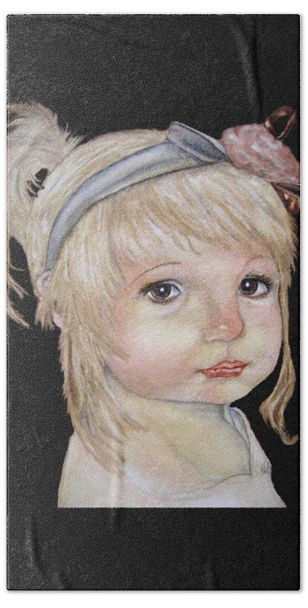 Little Girl Painting Bath Towel featuring the mixed media Vintage Golden Girl by Kelly Mills