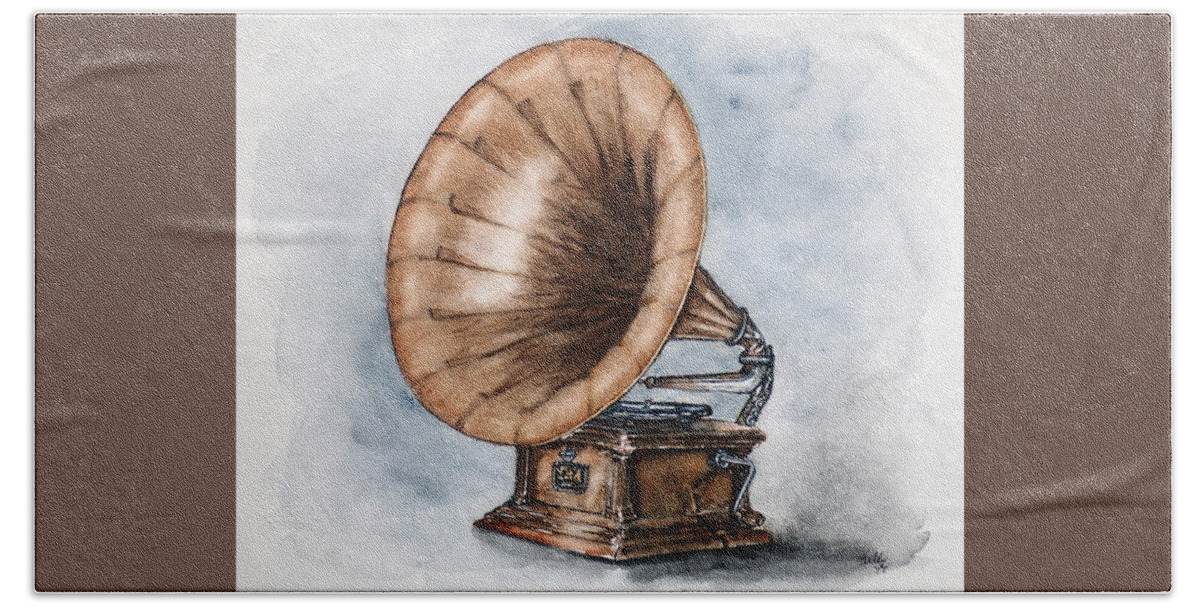 Gramophone Bath Towel featuring the painting Vintage Gramophone by Kelly Mills