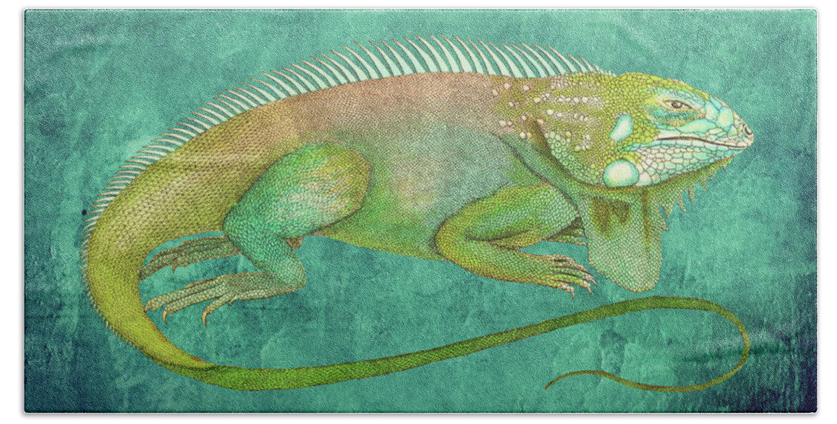 Iguana Hand Towel featuring the mixed media Vintage Iguana Drawing on Textured Background by Lorena Cassady