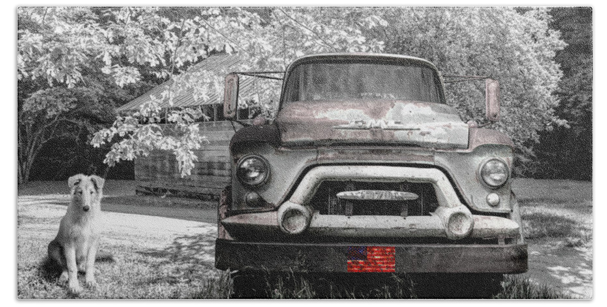 Trucks Bath Towel featuring the photograph Vintage in Springtime Black and White and Red by Debra and Dave Vanderlaan