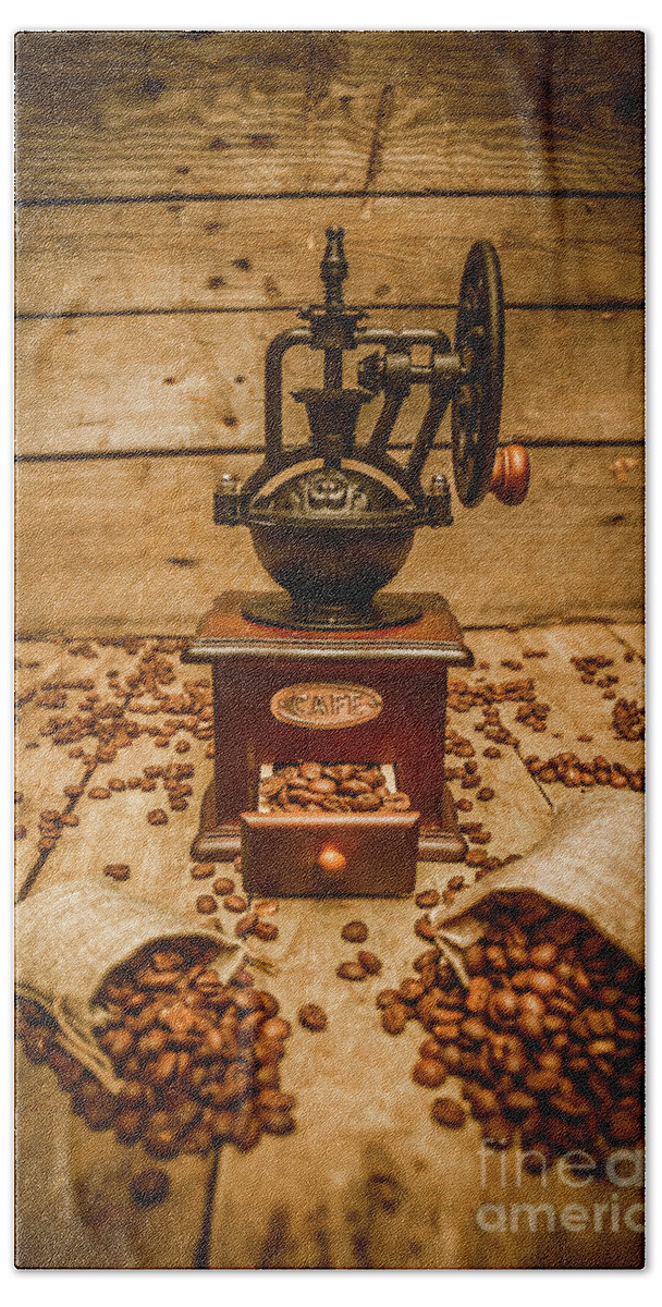 Coffee Bath Towel featuring the photograph Vintage Manual Grinder And Coffee Beans by Jorgo Photography