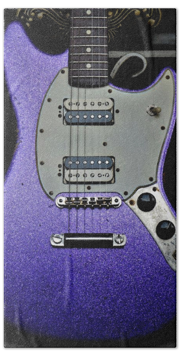 Fender Hand Towel featuring the photograph Vintage Fender Mustang Purple Lavender Sparkle Vintage Guitar by Guitarwacky Fine Art