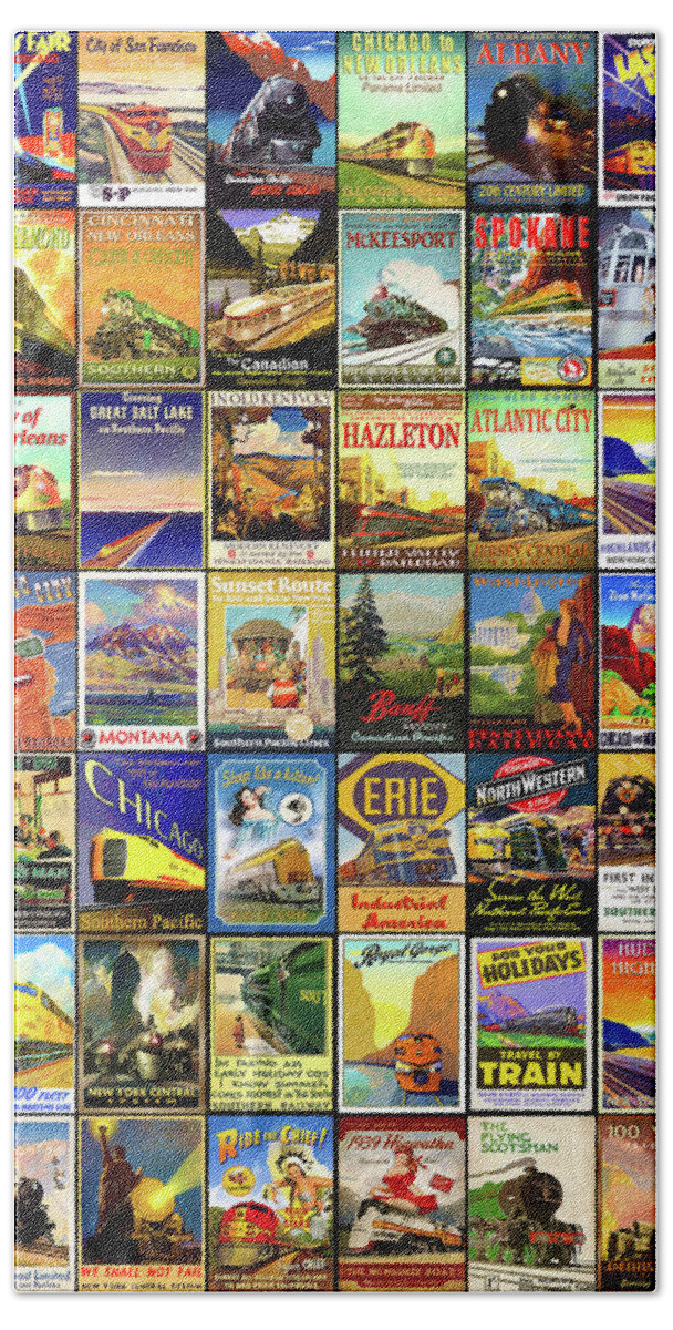 Car Bath Towel featuring the mixed media Vintage Railroad Posters by Pheasant Run Gallery