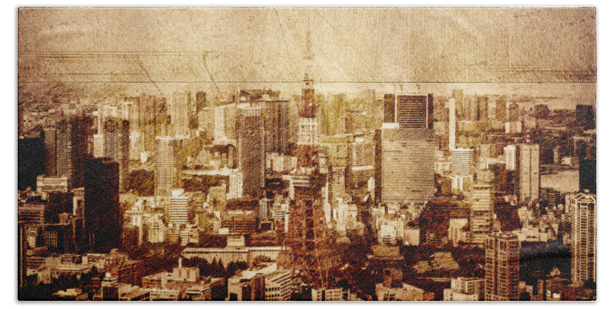 Tokyo Bath Towel featuring the mixed media Vintage skyline of Tokyo by Alex Mir