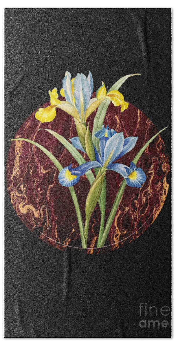 Vintage Bath Towel featuring the painting Vintage Spanish Iris Art in Gilded Marble on Shadowy Black by Holy Rock Design