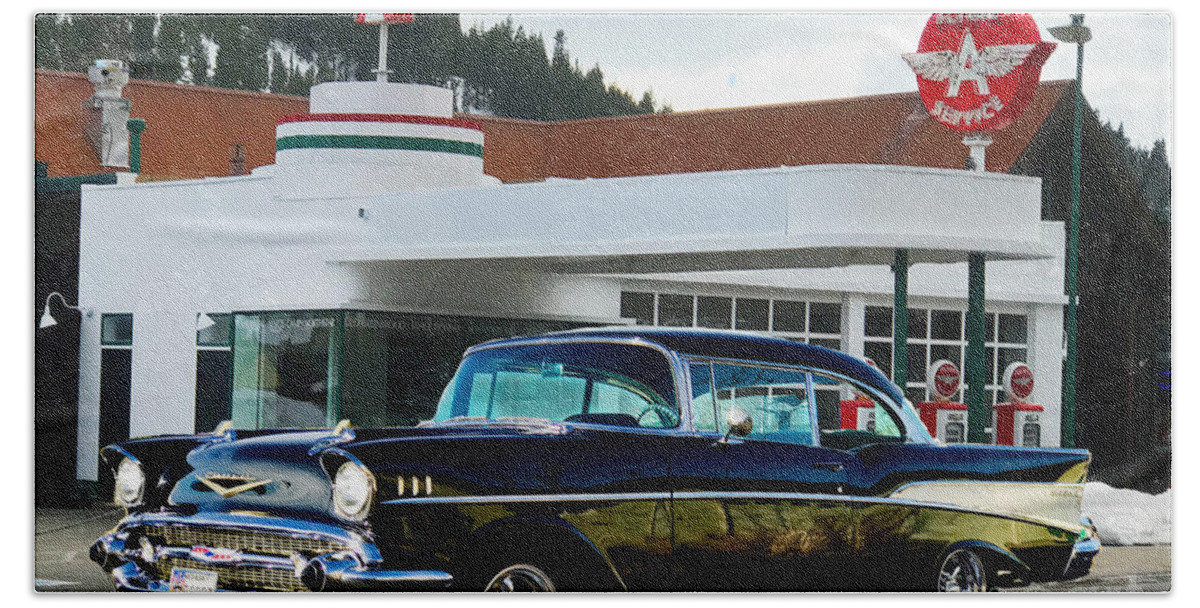 55 Bath Towel featuring the photograph Vintage Flying A Station and 1957 Chevrolet by Doug Gist