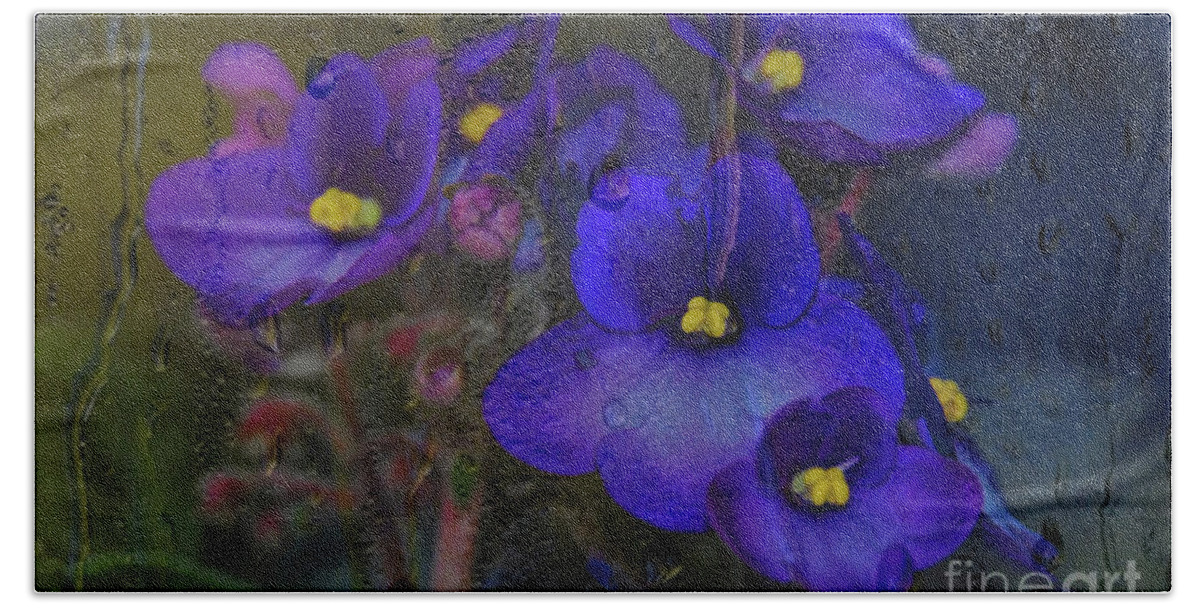 Digital Paintings Bath Towel featuring the photograph Violets In A Window by Diana Mary Sharpton