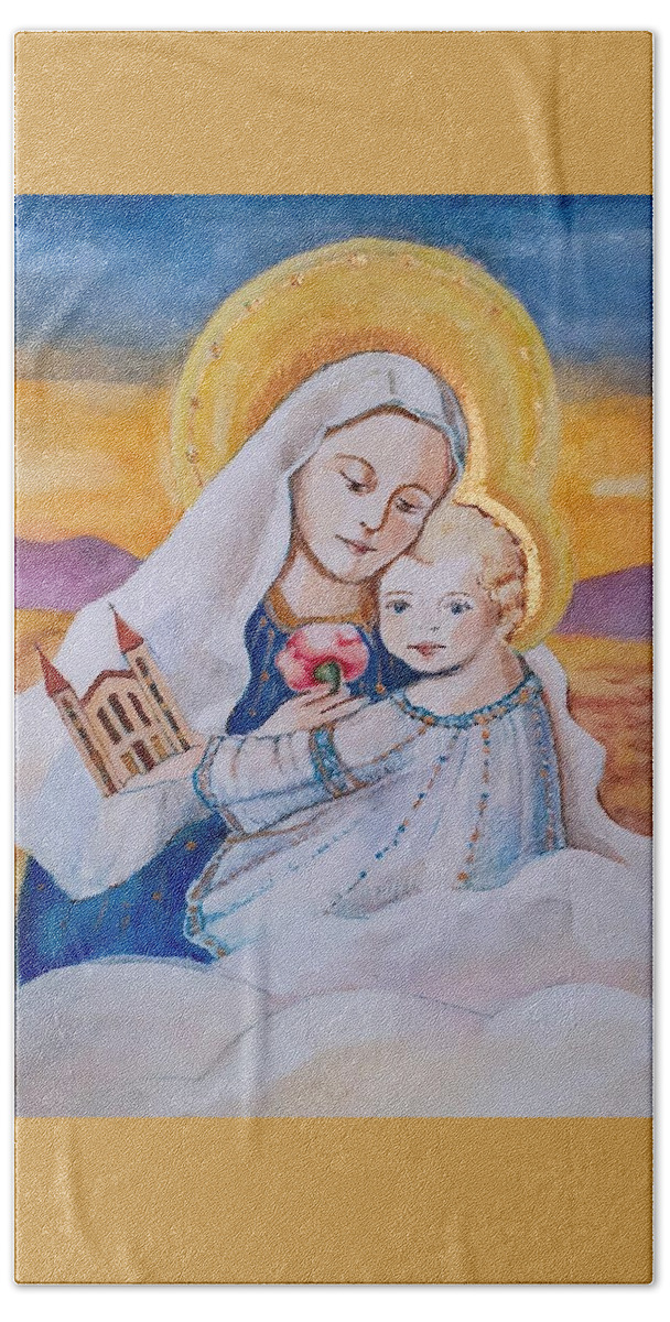 Virgin And Child Bath Towel featuring the painting Virgin and Child by Carolina Prieto Moreno