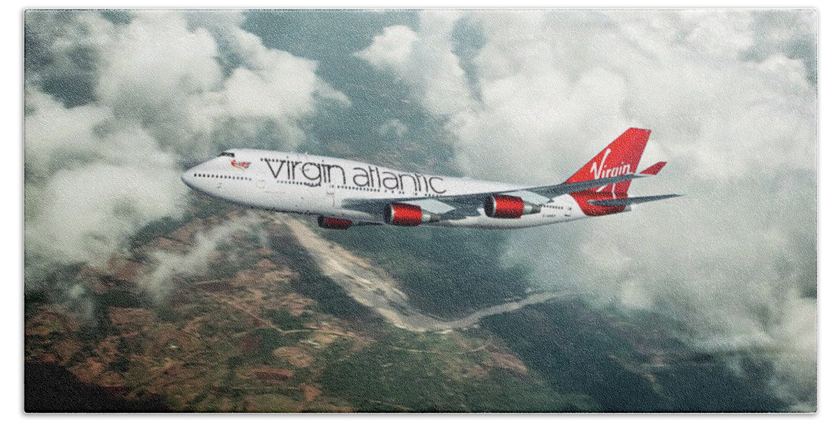 Virgin 747 Bath Towel featuring the digital art Virgin Atlantic 747 by Airpower Art